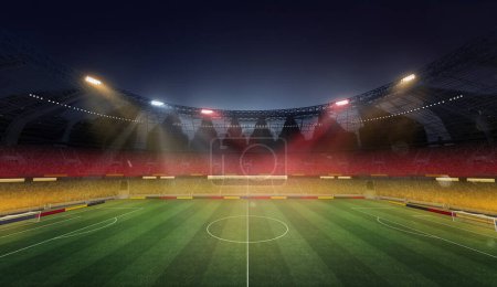 Photo for Empty soccer filed, stadium with spotlight and fan tribune. Germany flag attributes. 3D render. German football team. Concept of live sport events, tournament, championship, game - Royalty Free Image