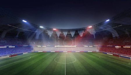 Foto de Vista aérea del campo de fútbol vacío con foco y tribuna de fans con atributos de bandera de Francia. Representación 3D. Equipo de fútbol francés. Concepto de eventos deportivos en vivo, torneo, campeonato, juego - Imagen libre de derechos
