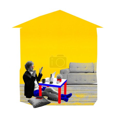 Photo for Young guy, freelancer sitting on floor on pillow at home and having online video call with team, colleagues. Contemporary art collage. Concept of work from home, business, employment - Royalty Free Image