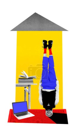 Photo for Upside down. Man, freelancer standing on head near laptop and table with notebook. Remote work, deadlines and time management. Contemporary art collage. Concept of work from home, business, employment - Royalty Free Image