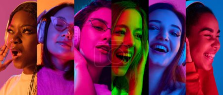 Photo for Collage made of different young women of various nationality listening to music in headphones against multicolored neon background. Concept of human emotions, diversity, youth, happiness - Royalty Free Image