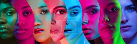 Photo for Creative collage made of close-up portrait of beautiful youth women of different age and nationality over multicolored neon lights. International womens day. Concept of human emotions, equality - Royalty Free Image