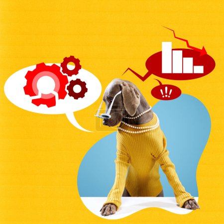 Photo for Purebred Weimaraner dog in yellow sweater with gears, setting and statistics speech bubbles appearing from head. Analytics. Contemporary art collage. Concept of business, animal theme, surrealism - Royalty Free Image