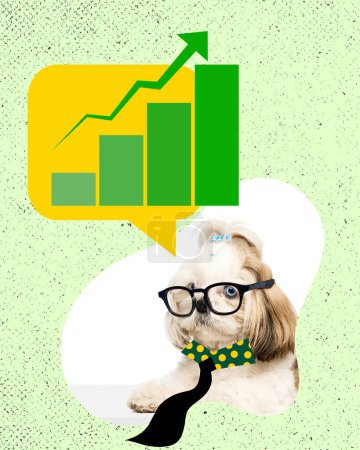 Photo for Concentrated purebred dog in glasses working on financial analytics, growing money with promotional successful strategy. Contemporary artwork. Concept of business, animal theme, surrealism, creativity - Royalty Free Image