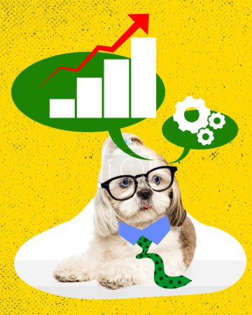 Photo for Small purebred dog with glasses, speech bubble with bar chart, and settings gears. Financial strategy and work optimization. Contemporary art collage. Concept of business, animal theme, surrealism - Royalty Free Image