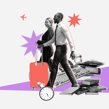 Photo for Smiling man and woman, colleagues, business partners walking with suitcases, going on professional trip. Contemporary art collage. Concept of business trip, worldwide partnership, cooperation - Royalty Free Image