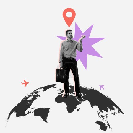 Téléchargez les photos : Homme d'affaires debout sur le globe avec une broche de localisation colorée et des formes abstraites. Collage d'art contemporain. Promotion des opportunités de réseautage mondial. Concept de voyage d'affaires - en image libre de droit