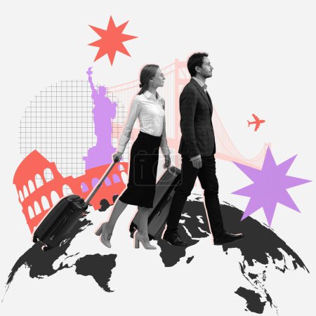 Photo for Man and woman, colleagues in formal wear waking walking with luggage, on glove with colorful landmarks. Contemporary art collage. Concept of business trip, travel agency, vacation - Royalty Free Image