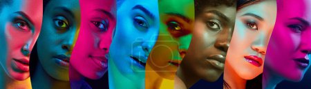 Photo for Creative collage made of close-up portrait of beautiful youth women of different age and nationality over multicolored neon lights. Womens day. Concept of human diversity, emotions, youth - Royalty Free Image