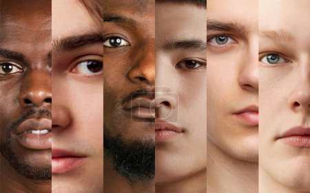 Photo for Collage made of cropped close-up portraits of different young men with varying skin tones and features, looking at camera. Equality. Concept of human diversity, emotions, youth - Royalty Free Image
