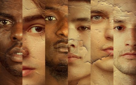 Foto de Collage hecho de retratos de cerca recortados de diferentes hombres jóvenes con diferentes tonos de piel y características, mirando a la cámara. Texturas de papel. Concepto de diversidad humana, emociones, juventud - Imagen libre de derechos