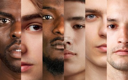 Téléchargez les photos : Collage fait de portraits en gros plan recadrés de différents jeunes hommes avec des tons de peau et des caractéristiques variables, en regardant la caméra. Égalité. Concept de diversité humaine, émotions, jeunesse - en image libre de droit