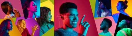 Photo for Collage made of close-up portrait of young people of different age, gender and nationality, smiling against multicolored background in neon light. Happiness. Concept of human emotions, youth - Royalty Free Image