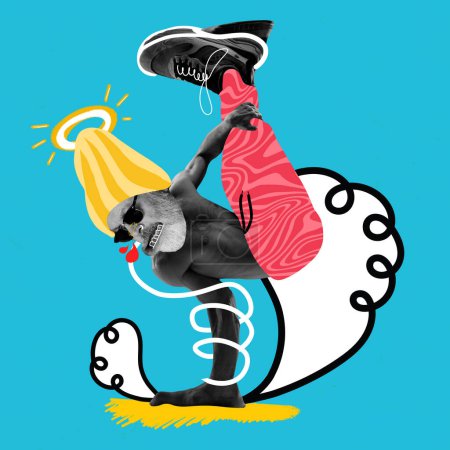 Foto de Hombre mayor bailando breakdance sobre fondo azul con garabatos. collage de arte contemporáneo. Atractivo atemporal de la cultura hip-hop. Concepto de envejecimiento, moda, surrealismo, libertad y aceptación. Cartel colorido - Imagen libre de derechos
