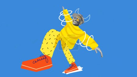 Téléchargez les photos : Enthousiaste, femme âgée positive dans des vêtements jaunes colorés annonces baskets dansant sur fond bleu. Collage d'art contemporain. Concept de vieillissement, mode, surréalisme, liberté, acceptation. Affiche colorée - en image libre de droit