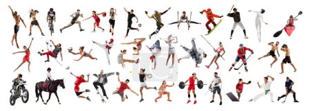 Foto de Collage hecho de varias personas, hombres y mujeres, atletas de diferentes deportes en movimiento aislados sobre fondo blanco. Concepto de deporte profesional, competición, torneo, dinámica - Imagen libre de derechos