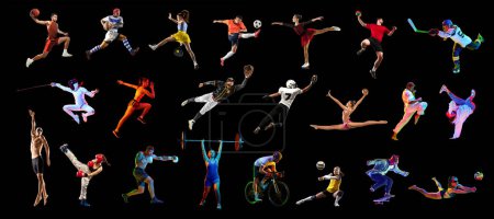 Téléchargez les photos : Collage composé de différentes personnes, hommes et femmes, athlètes de différents sports en mouvement, s'entraînant sur fond noir sous la lumière du néon. Concept de sport professionnel, compétition, tournoi, dynamique - en image libre de droit