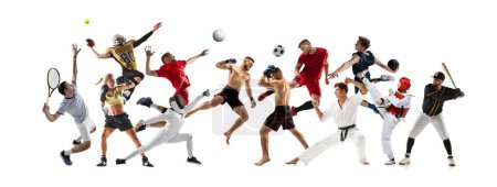 Foto de Collage hecho de personas competitivas, hombres y mujeres, atletas de diferentes deportes en movimiento aislados sobre fondo blanco. Concepto de deporte profesional, competición, torneo, dinámica - Imagen libre de derechos