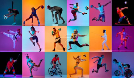 Foto de Collage hecho de jóvenes, hombres y mujeres, atletas de diferentes deportes en movimiento contra fondo multicolor en luz de neón. Concepto de deporte profesional, competición, torneo, dinámica - Imagen libre de derechos