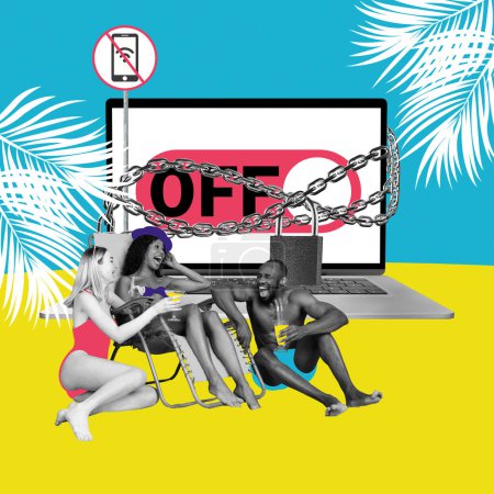 Photo for Group of friends laughing on beach, with chained laptop with OFF screen and No internet sign. Contemporary art collage. Promotion of tech-free relaxation and interaction. Concept of digital detox - Royalty Free Image