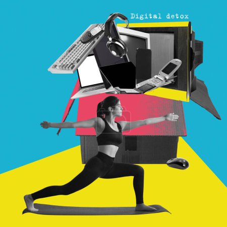 Young woman doing retching and yoga exercises near giant box with packed gadgets. Contemporary art collage. Taking tech breaks for stress reduction. Concept of digital detox, addiction to gadgets