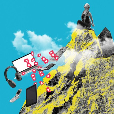 Photo for Woman sitting on top of mountain and meditating with gadgets falling down the cliff. Contemporary art collage. Impact of digital devices on mental health and concentration. Concept of digital detox - Royalty Free Image