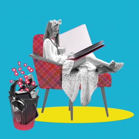 Photo for Beautiful young smiling woman in home wear sitting on chair and reading book with gadgets lying on trash bin. Contemporary art collage. Concept of digital detox, addiction to gadgets - Royalty Free Image