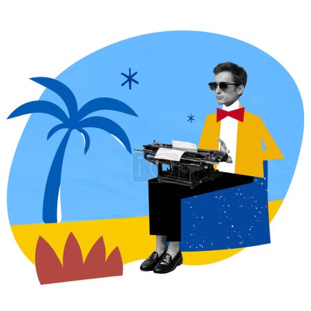 Téléchargez les photos : Homme élégant assis sur la plage avec une machine à écrire rétro et travaillant à distance en vacances d'été. Écrivain, journaliste, romancier. Collage d'art contemporain. Concept de main-d'œuvre moderne, travail à distance, créativité - en image libre de droit