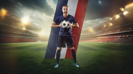 Photo for Competitive and motivated young guy, soccer player standing on 3D football stadium ad shouting. representing team of France. Concept of live sport event, championship, match and tournament - Royalty Free Image
