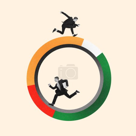 Photo for Abstract illustration of two businessmen running in circular motion. Contemporary art collage. Teamwork and corporate synergy. Concept of business, teamwork, motivation, cooperation - Royalty Free Image
