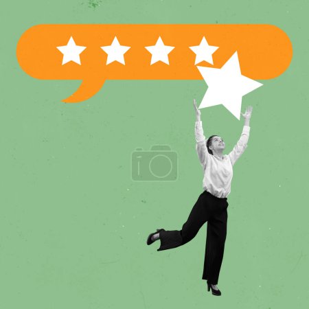Photo for Young woman, customer support operator putting star to her rating, symbolizing good work. Contemporary art collage. Concept of customer service, support, business, online services - Royalty Free Image