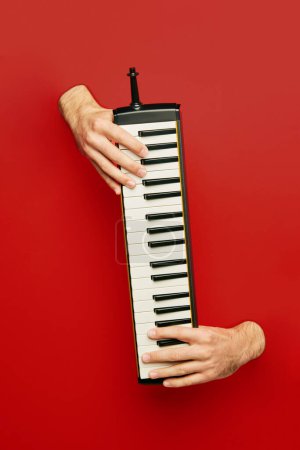 Hand playing a melodic, vertical keyboard against a red background. Poster for a music festival focusing on eclectic and unique instruments. Concept of music, instruments, art, hobby, festival