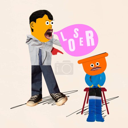 Abstract cartoon style characters in confrontation, one yelling with speech bubble, other feeling sad. Manipulation. Concept of social pressure, discrimination, equality issues, psychology of behavior