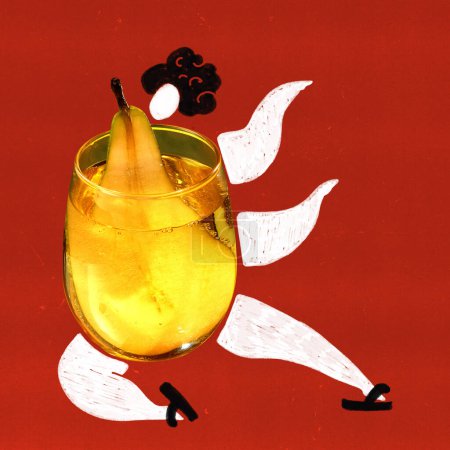 Photo for Delicious, sweet cocktail with pear taste, drawn female silhouette dancing on red background. Contemporary art collage. Concept of party, cocktail menu, alcohol drinks, celebration. Poster. - Royalty Free Image
