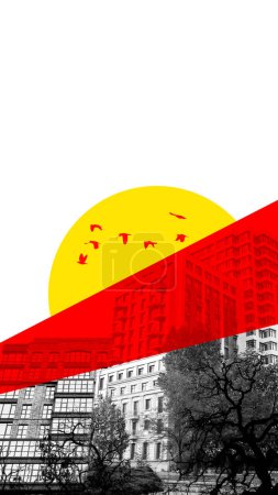 Téléchargez les photos : Paysage urbain noir et blanc avec superposition diagonale rouge et soleil jaune, y compris les oiseaux volants. Collage d'art contemporain. Concept d'architecture, marketing immobilier, style urbain - en image libre de droit