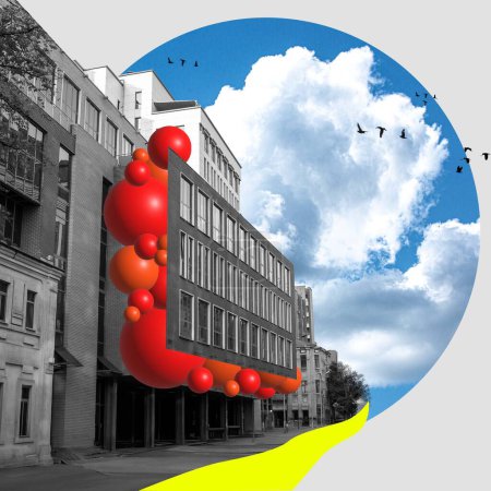 Foto de Escena urbana con edificios monocromáticos, acentos esféricos rojos, cielo azul con nubes y siluetas de pájaro. collage de arte contemporáneo. Concepto de arquitectura, marketing inmobiliario, estilo urbano - Imagen libre de derechos