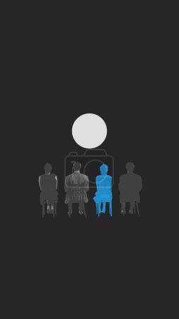 Photo for Back view monochrome silhouettes of three people and one blue sitting and looking at white circle. Different point of view. Conceptual design. Concept of psychology, loneliness in society, difference - Royalty Free Image