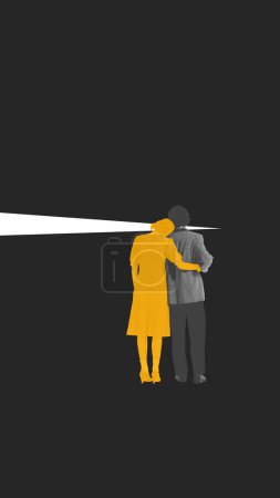 Photo for Silhouette of couple in yellow and grey, embracing while looking towards white line. Conceptual design. Maintaining relationships through lifes transitions. Concept of psychology, difference - Royalty Free Image
