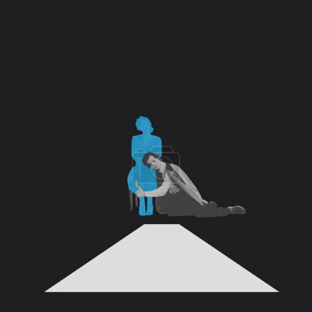 Téléchargez les photos : Silhouettes de couple, homme monochrome couché sur les genoux de la femme silhouette bleue, Conception conceptuelle. Renforcer la résilience dans les partenariats. Concept de psychologie, solitude dans la société, différence - en image libre de droit