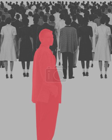 Photo for Red male silhouettes standing away from monochrome crowd. Conceptual design. Societal pressures and personal identity. Concept of psychology, loneliness in society, difference - Royalty Free Image