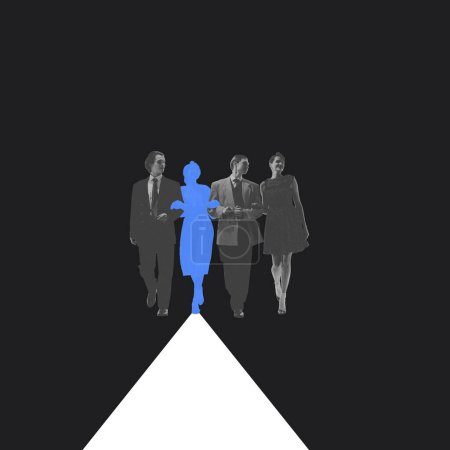 Photo for Monochrome group of people, friends with one woman in blue walking forward on white path. Conceptual design. Diversity. Concept of psychology, loneliness in society, difference - Royalty Free Image