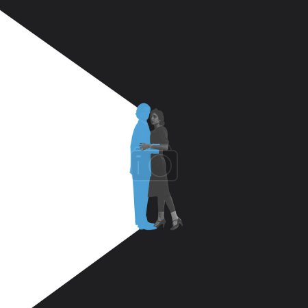 Foto de Imagen monocromática de la mujer abrazando silueta masculina azul que simboliza el apoyo y la aceptación. Diseño conceptual. Concepto de psicología, soledad en la sociedad, diferencia - Imagen libre de derechos