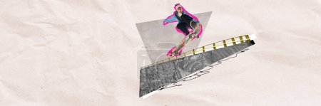 Téléchargez les photos : Image dynamique du jeune homme en mouvement avec contour rose, formation skateboarder sur fond urbain. Collage d'art contemporain. Concept de street art, style urbain, passe-temps et loisirs, sport - en image libre de droit