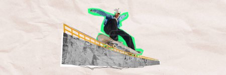 Foto de Skateboarder con corona de garabatos haciendo trucos sobre fondo urbano monocromo. collage de arte contemporáneo. Concepto de arte callejero, estilo urbano, afición y ocio, deporte - Imagen libre de derechos