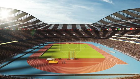 Foto de Representación 3D de estadio soleado lleno de espectadores, mostrando una pista de atletismo y campo de deportes. Día de juego al aire libre. Concepto de deporte, competición, partido en vivo, torneo - Imagen libre de derechos