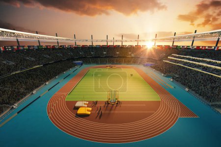 Téléchargez les photos : Rendu 3D du stade de sport rempli de spectateurs, travailleurs présentant une piste athlétique et de l'athlétisme. Jeu en plein air pendant le coucher du soleil. Concept de sport, compétition, match en direct, tournoi - en image libre de droit