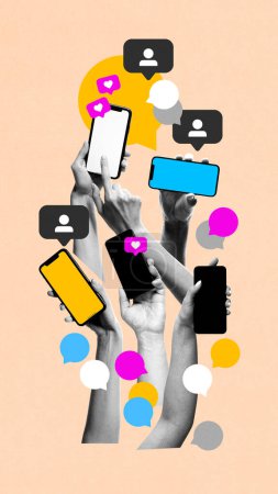 Many human hands with mobile phones and social media icons, likes and followers. Media addiction. Contemporary art collage. Concept of social media, influence, online business, communication