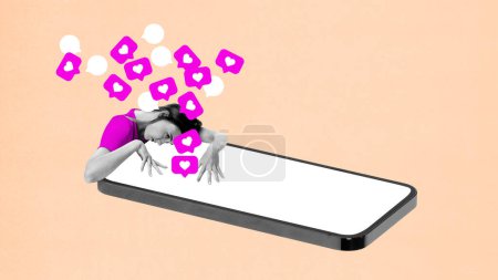 Photo for Young girl lying on mobile phone screen with social media heaty lies. Addicting to online apps. Contemporary art collage. Concept of social media, influence, online business, communication - Royalty Free Image