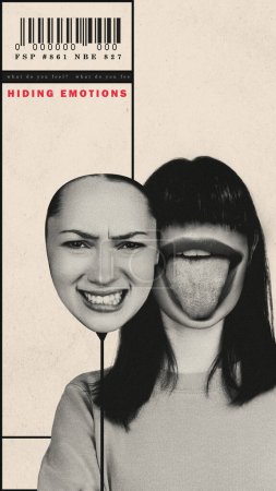 Photo for Themes of identity and the social mask. Split female face showing different emotions of fun and irritation. Conceptual creative design. Psychology of personality, inner world, hidden emotions concept - Royalty Free Image