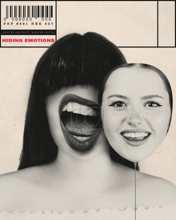 Photo for Woman with screaming mouth and mask of smiling happy face. Conceptual creative design. Mental health and self-identity issues. Concept of psychology of personality, inner world, hidden emotions - Royalty Free Image